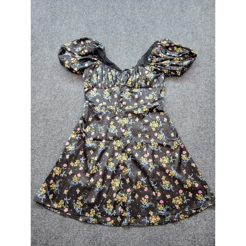 For Love & Lemons Floral Bow Satin Lace Midi Dress Black SKSP1395-FA20 Large